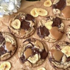 Banana Chocolate Pecan Cookies with Salted Caramel