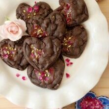 Chocolate Love Potion Cookies with dark chocolate chips, pistachios and rose petals by Brownie Mischief